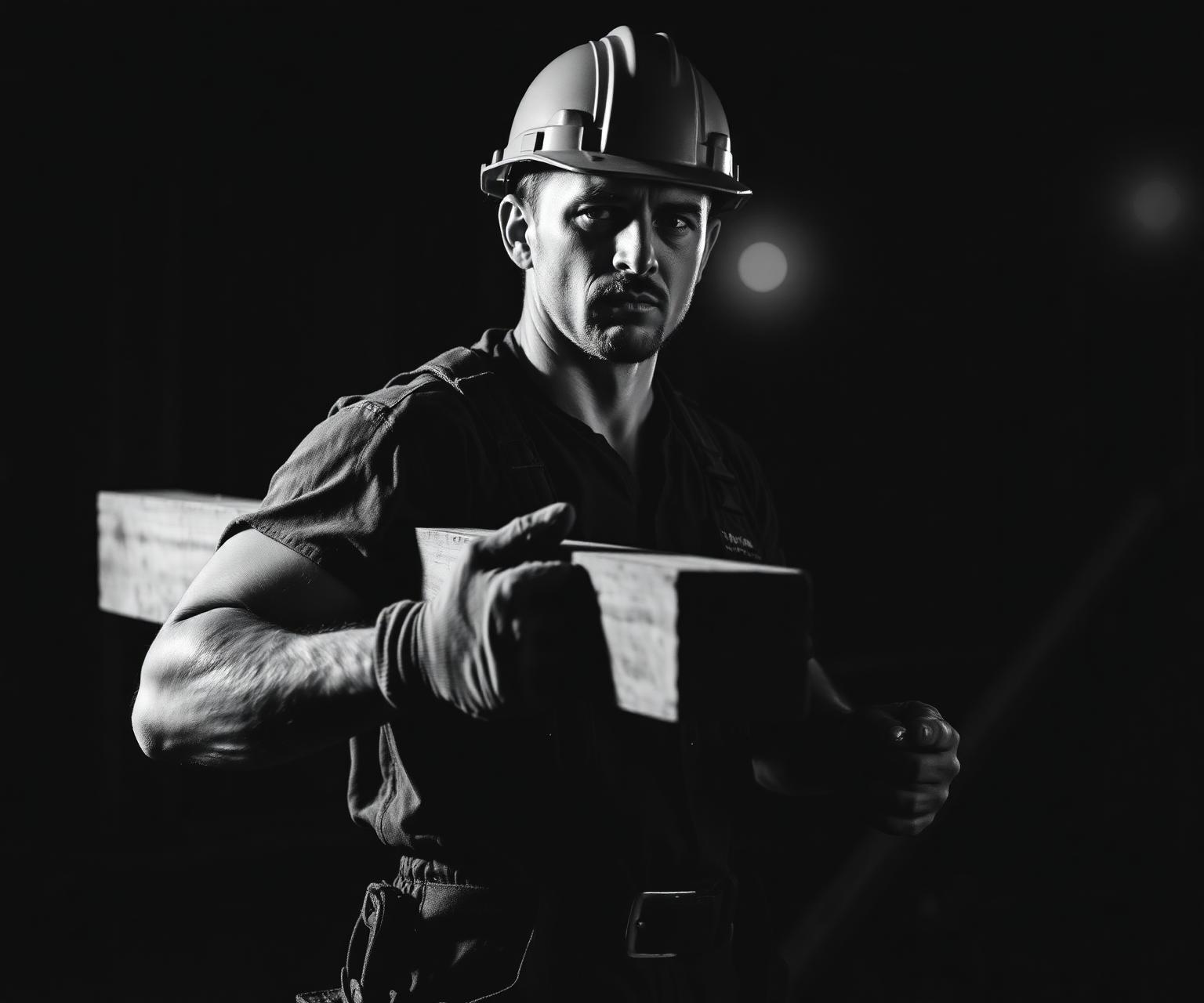 Construction worker carrying lumber on site